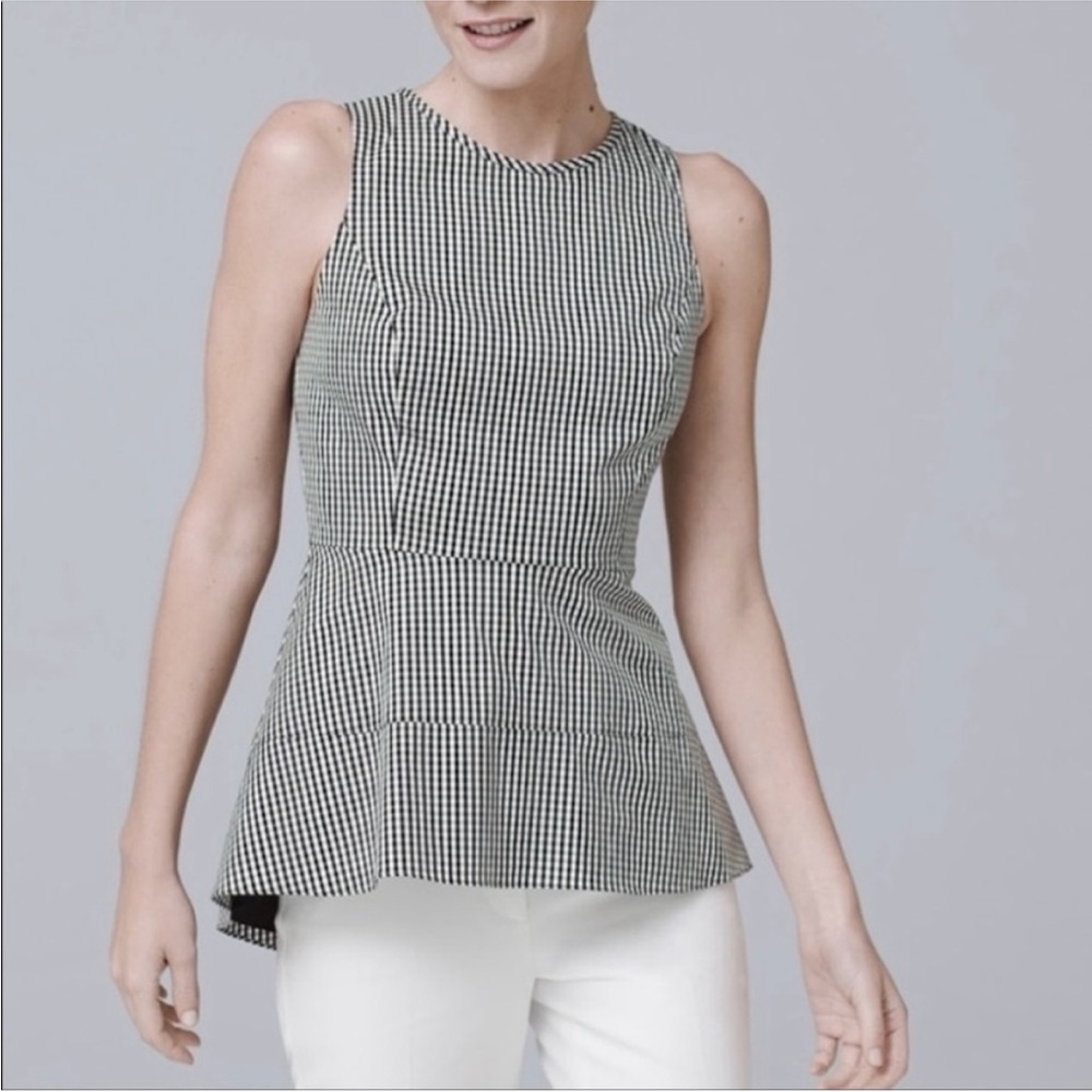 White House Black Market Black & White Gingham Plaid Sleeveless Peplum Blouse